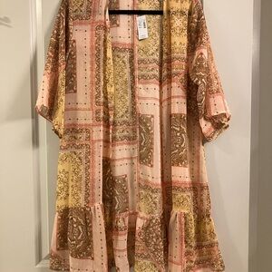 Maurices Floral Patchwork Kimono Cardigan in Pink, Yellow & Brown